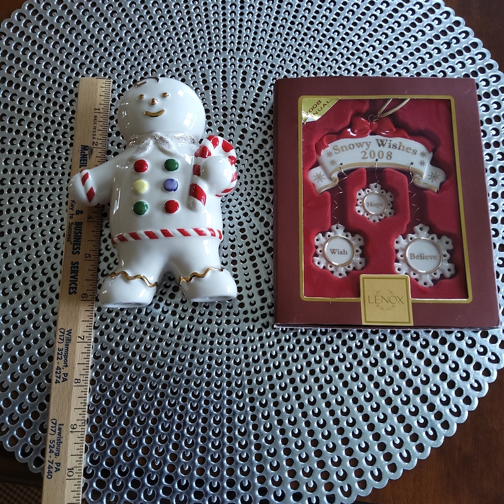 Lenox 3 Pieces Gingerbread Boy and 2008 Snowy Wishes Ornament Snowflake